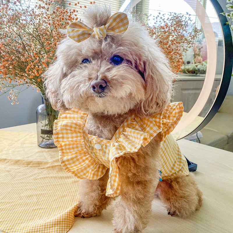 Cute Pet New Magenta Plaid Bow Doll Shirt