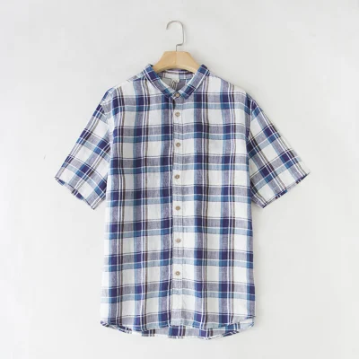 Comercio al por mayor de los hombres de lino a cuadros de algodón Slim Fit primavera otoño masculino casual de marca camisas de manga corta